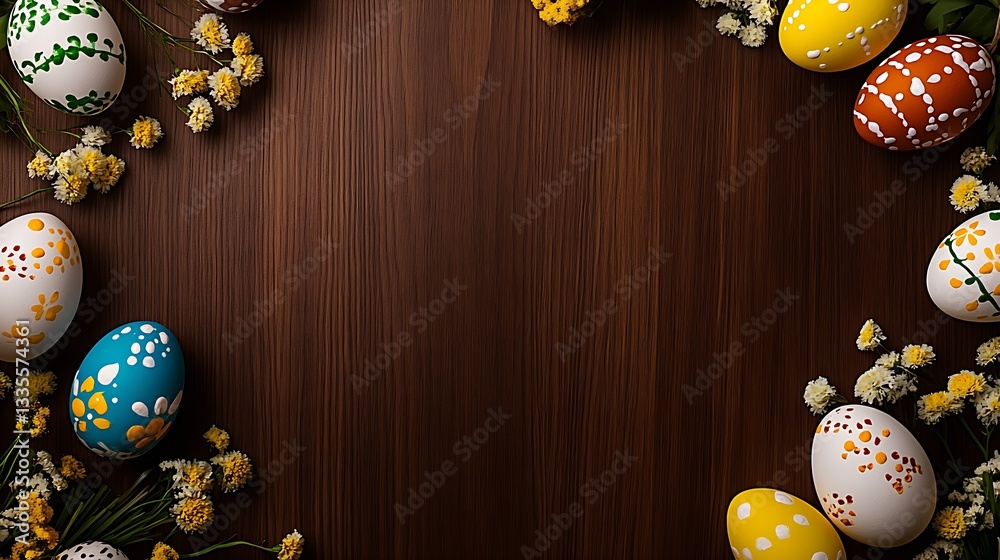 Poster artistic display of easter eggs surrounded by fresh blossoms on a rustic wooden surface : generative