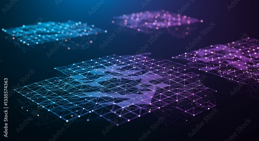 Poster abstract network data visualization connecting dots global network digital connectivity purple and