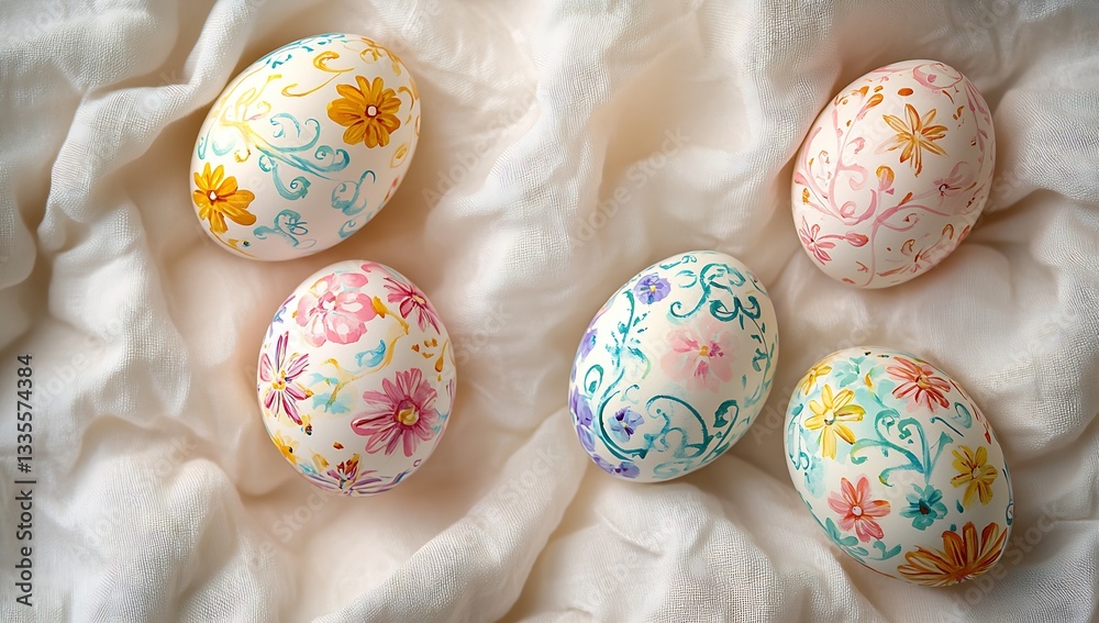 Poster decorative eggs with vibrant floral patterns arranged on soft white fabric background : generative a