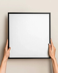 Black frame held by hands with blank canvas against a minimalistic background