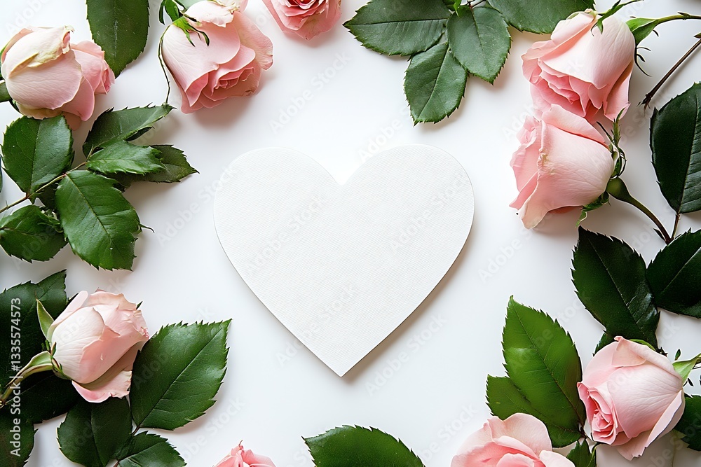 Poster beautiful arrangement of soft pink roses framing a blank heart shape for artistic expressions : gene