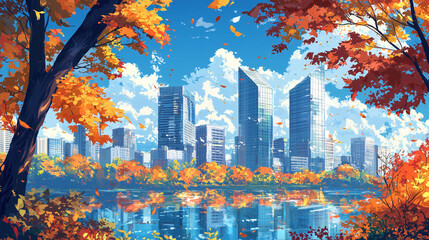 秋の都会風景～紅葉と高層ビルが彩る爽やかな空～  
