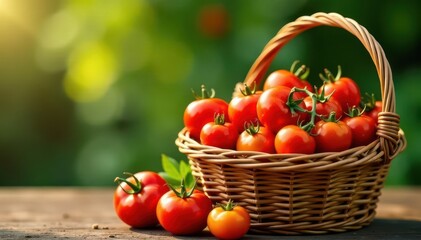 Sun-drenched basket overflowing with freshly picked tomatoes , texture, close-up