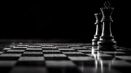 Black and White Chess Pieces on Board, Strategic Game, King and Queen, Leadership, Business Concept  
