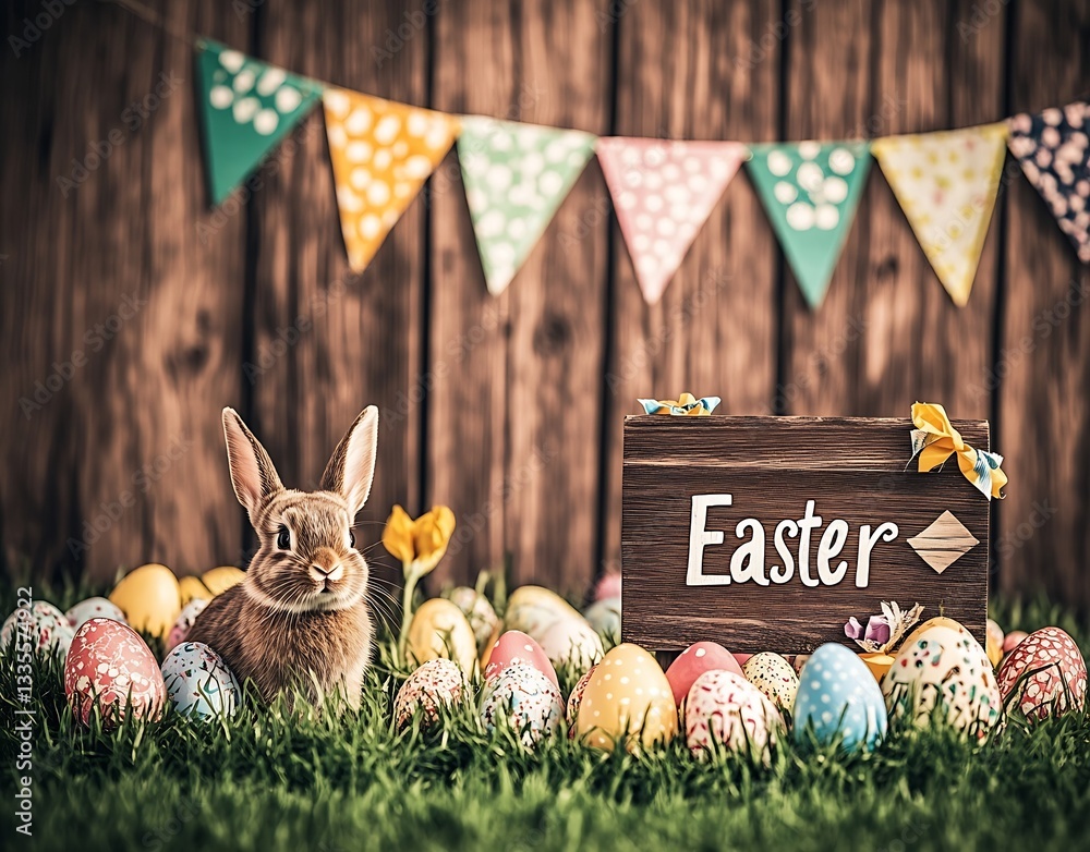 Poster colorful easter eggs and a cute bunny creating a delightful spring atmosphere with festive decoratio