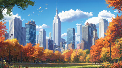 Obraz premium 秋の都会風景～紅葉と高層ビルが彩る爽やかな空～ 