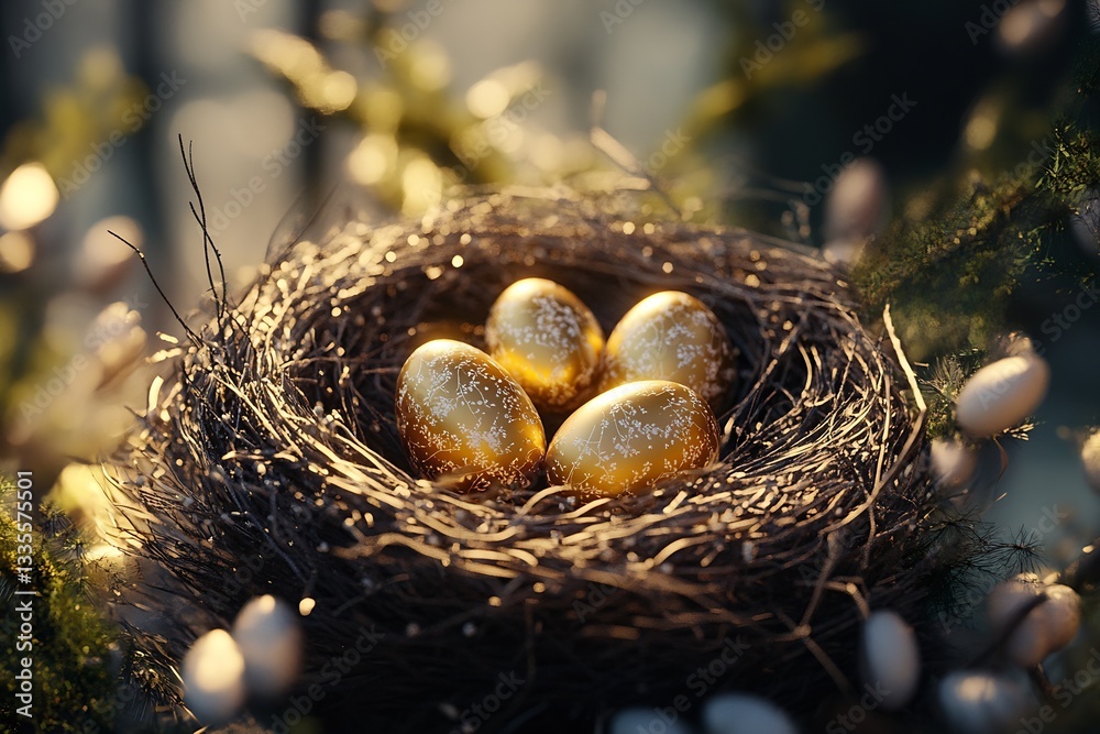 Poster glistening golden easter eggs resting in a cozy nest illuminated by soft golden light : generative a