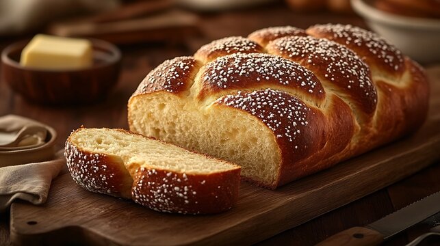 Delectable sliced challah bread and butter on a wooden board ready for a delightful breakfast experience : Generative AI