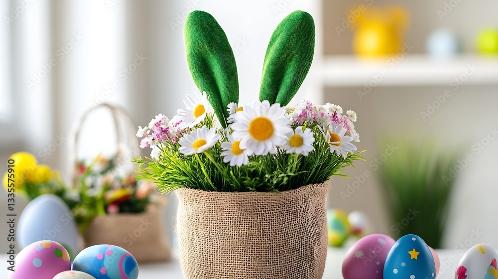 Poster beautiful arrangement of flowers with bunny ears surrounded by colorful easter eggs and soft greener