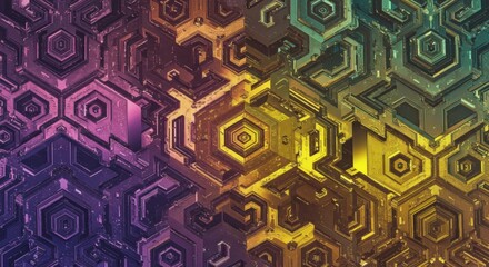 Abstract Hexagon Pattern Geometric Gold Purple Teal 3D Texture Background