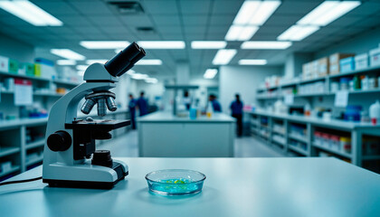 Laboratory microscope with petri dish in modern research facility