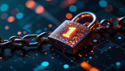Digital lock with glowing number one on abstract background