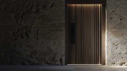 Illuminated wooden elevator door modern building architectural photography minimalist environment close-up concept