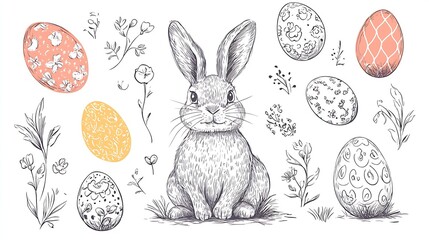 Charming rabbit illustration surrounded by vibrant Easter eggs and delicate flowers in a joyful composition : Generative AI