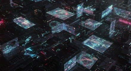 Futuristic Cyberpunk Cityscape Abstract Digital Screens and Circuitry Background