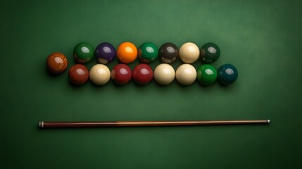 Colorful Billiard Balls Arranged on Green Table with Cue Stick A High Angle View of Pool Game Setup
