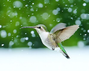 Obraz premium Hummingbird flying, snowing, green background