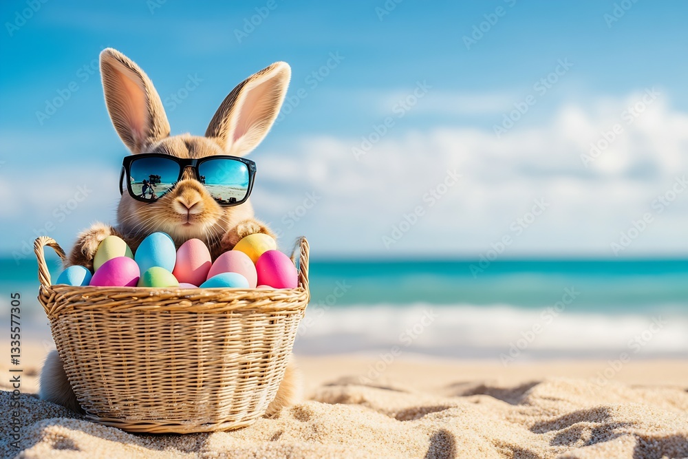 Poster charming rabbit in sunglasses basking in the sun with a basket of colorful easter eggs at the beach 
