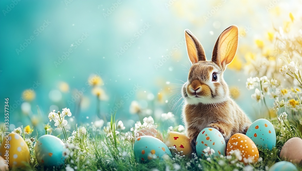 Poster charming rabbit surrounded by pastel easter eggs in a dreamy garden setting : generative ai