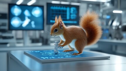 Adorable Red Squirrel Interacts with Futuristic Technology in a Modern Lab Setting