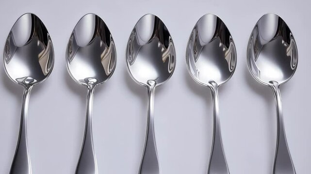 Five shiny stainless steel spoons arranged in a straight line on a neutral background at a well-lit kitchen setting