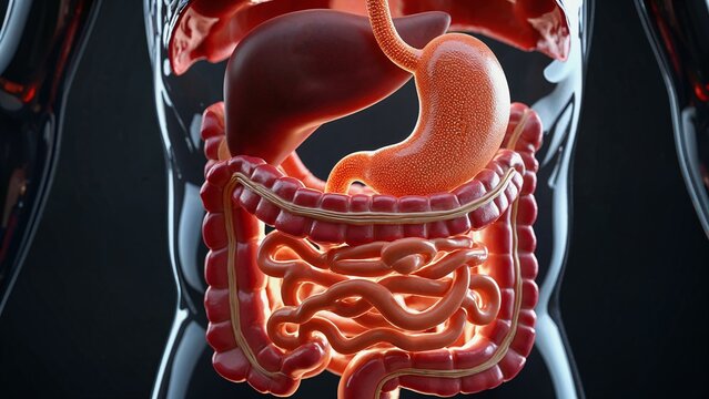 Photorealistic illustration of the human digestive system highlighting functional pathways