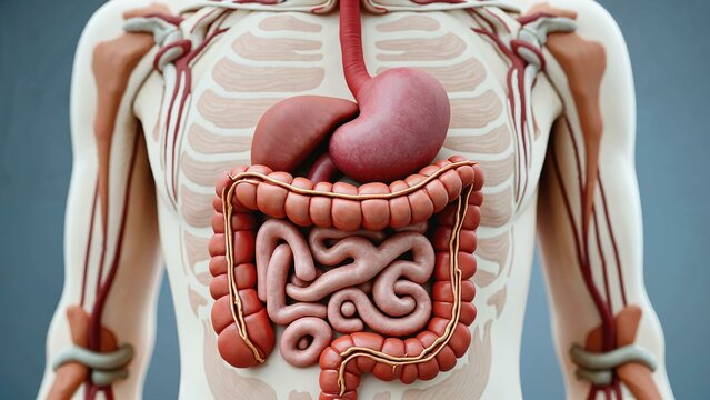 Educational diagram of the human digestive system with labeled organs