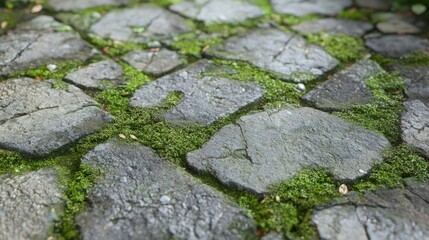 Close up view of a stone pathway covered in moss