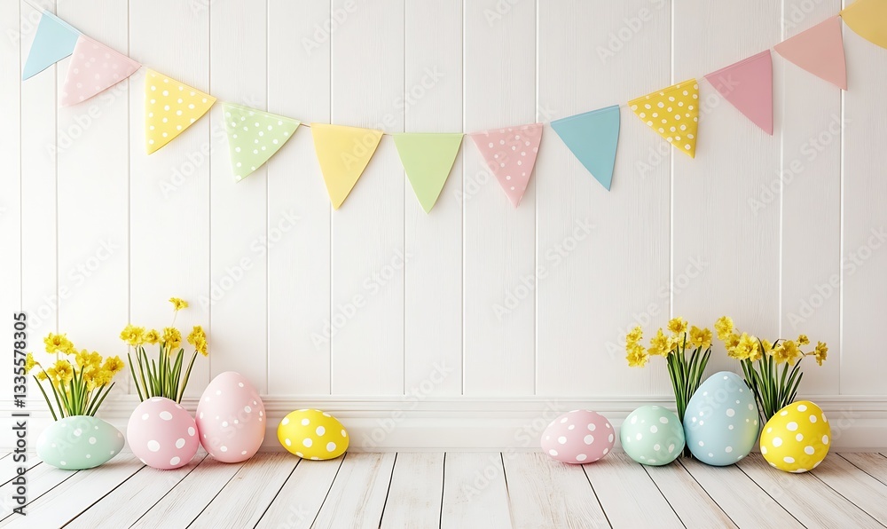 Poster delightful easter setting with mixed pastel eggs and lively flowers in a vibrant space : generative 