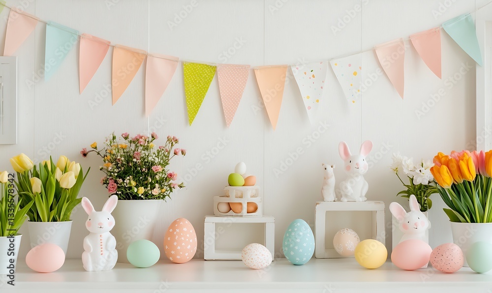 Poster charming easter setup with white bunnies colorful eggs and flowers on a white table : generative ai