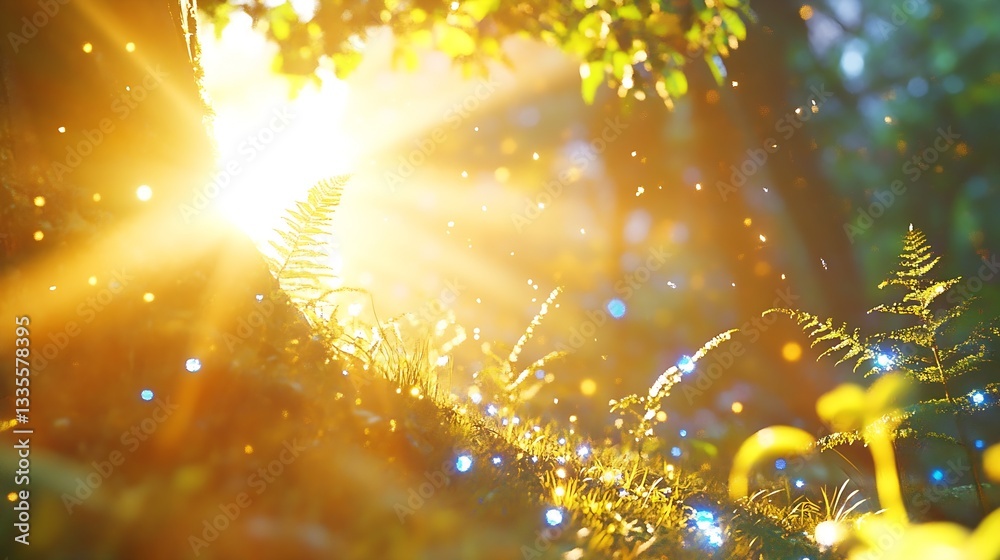Poster magical view of sunlight pouring through leaves in a vibrant forest showcasing shimmering ferns : ge