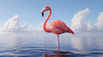 Fototapeta premium Pink Flamingo in Calm Ocean Water under a Blue Sky with Fluffy Clouds A Majestic Tropical Bird Scene