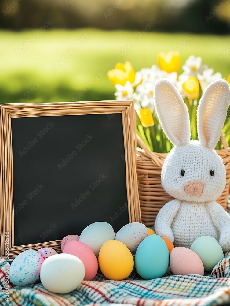 Aufkleber charming display of a bunny plush and pastel easter eggs beside a basket and chalkboard in a sunny g