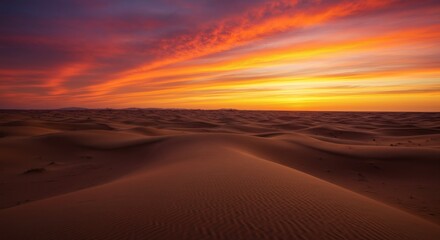 Dramatic Desert Sunset Landscape Vibrant Orange and Purple Sky over Sand Dunes