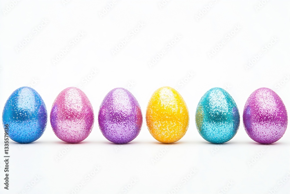 Poster charming display of sparkling pastel easter eggs standing in a row against a white backdrop : genera