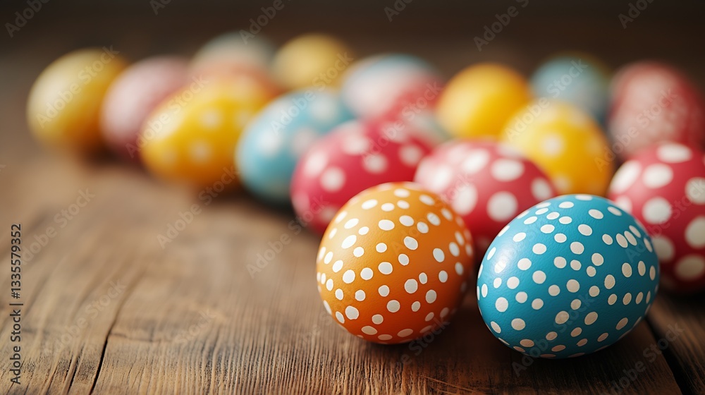 Poster brightly colored easter eggs arranged in a beautiful setting on wood : generative ai