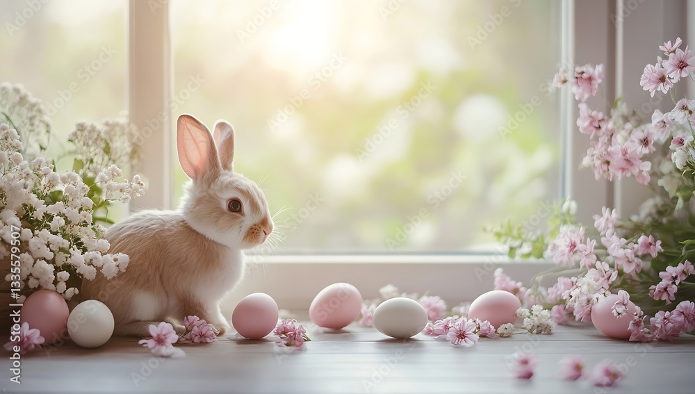 Aufkleber charming fluffy bunny surrounded by easter eggs and flowers in a softly lit tranquil space : generat