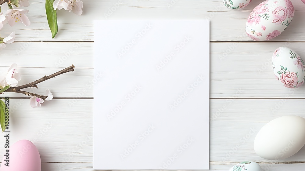 Poster Charming display of intricately designed Easter eggs surrounding a blank paper on a bright wooden table : Generative AI