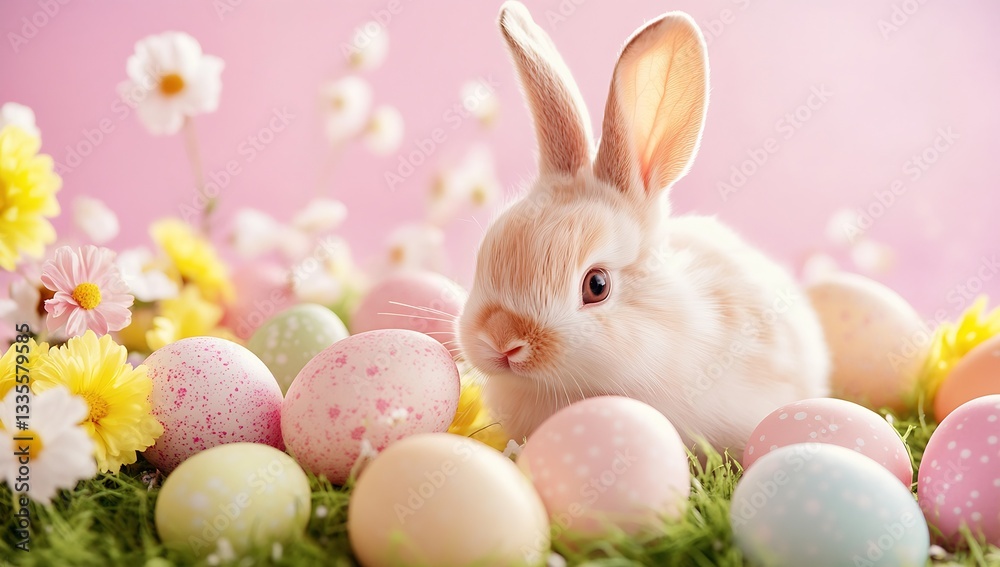Poster Charming fluffy rabbit surrounded by colorful Easter eggs and flowers in a serene spring setting : Generative AI