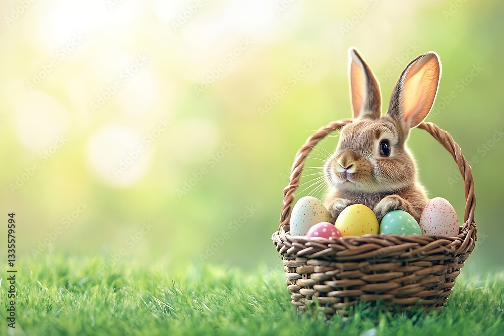 Poster playful rabbit sitting in a basket surrounded by vibrant easter eggs in spring sunlight : generative