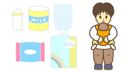 赤ちゃんを抱っこするパパと育児グッズのイラスト