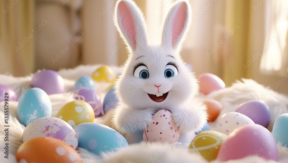 Poster playful animated bunny holding a speckled egg with pastel easter eggs scattered around in a light-fi