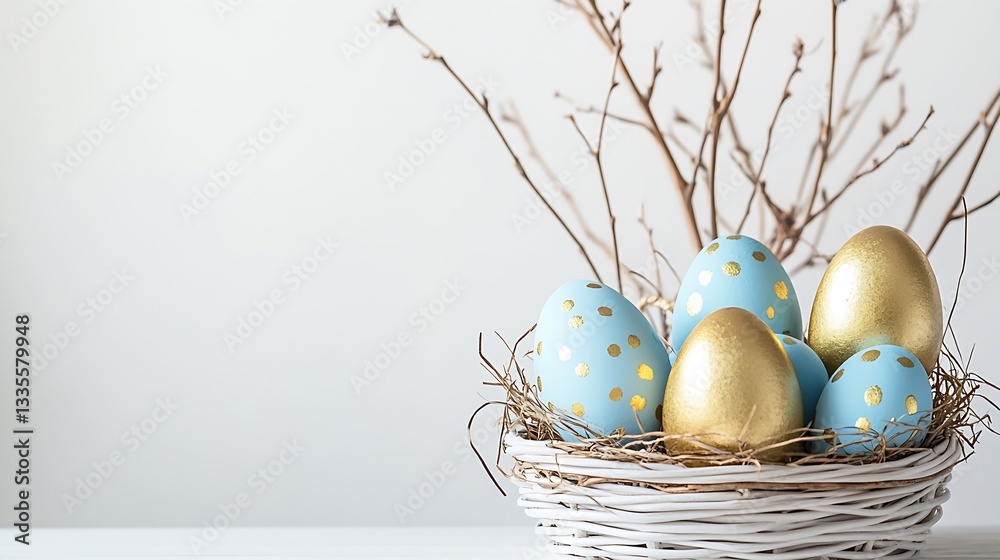 Aufkleber stylish easter egg arrangement with gold and blue features in a natural rustic basket display : gene