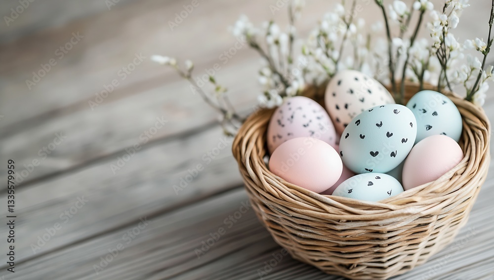 Aufkleber Delightful Easter eggs with heart patterns in a woven basket adorned with blossoms providing a stylish spring look : Generative AI