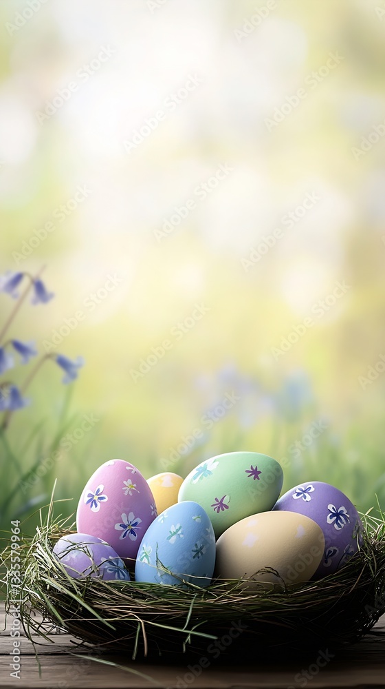 Aufkleber vibrant easter eggs arranged artistically in a nest with a soft floral backdrop : generative ai