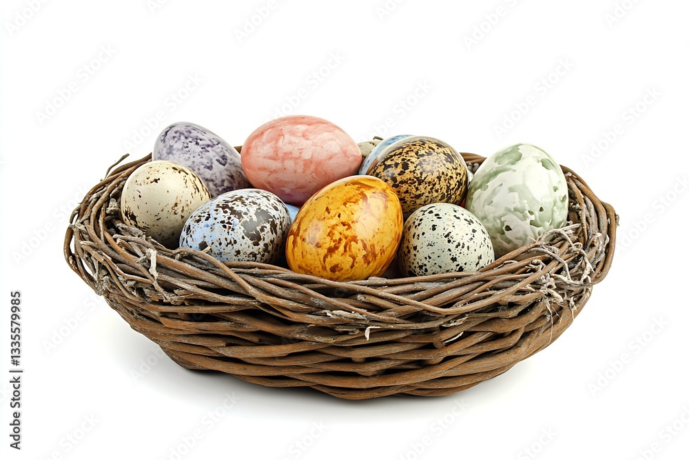 Aufkleber artfully arranged easter eggs in a distinctive woven nest designed for seasonal spring decorations :