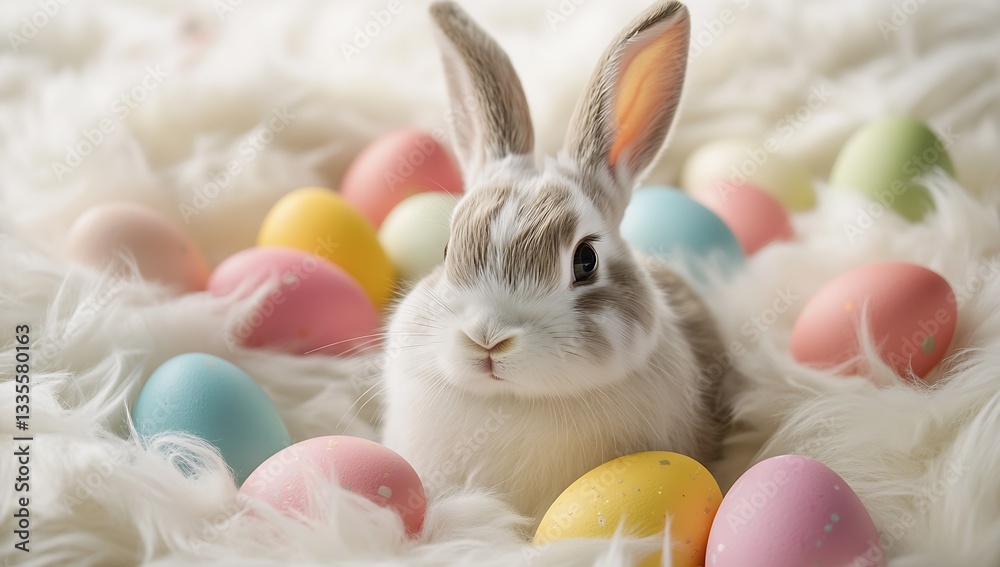 Poster lovely rabbit sitting among colorful easter eggs on a soft fluffy background in a playful manner : g