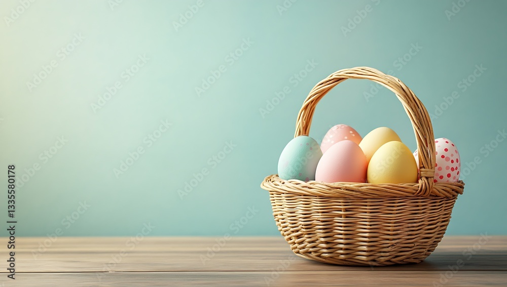 Aufkleber colorful easter eggs in a woven basket on a wooden table with soft background lighting : generative 