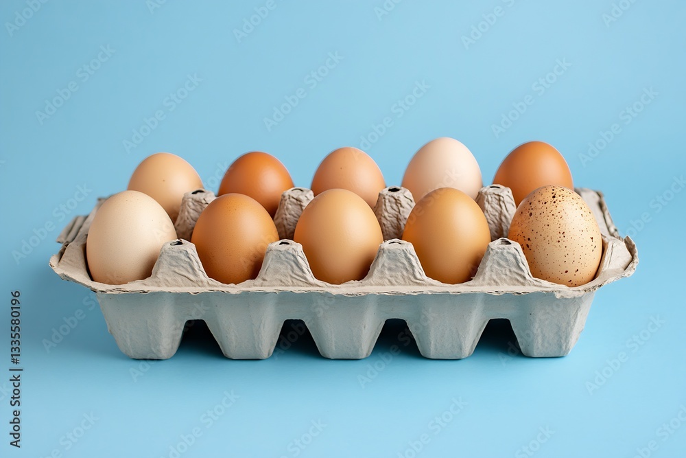 Poster ten assorted eggs in a carton with a soft blue backdrop illustrating freshness and creative egg stor