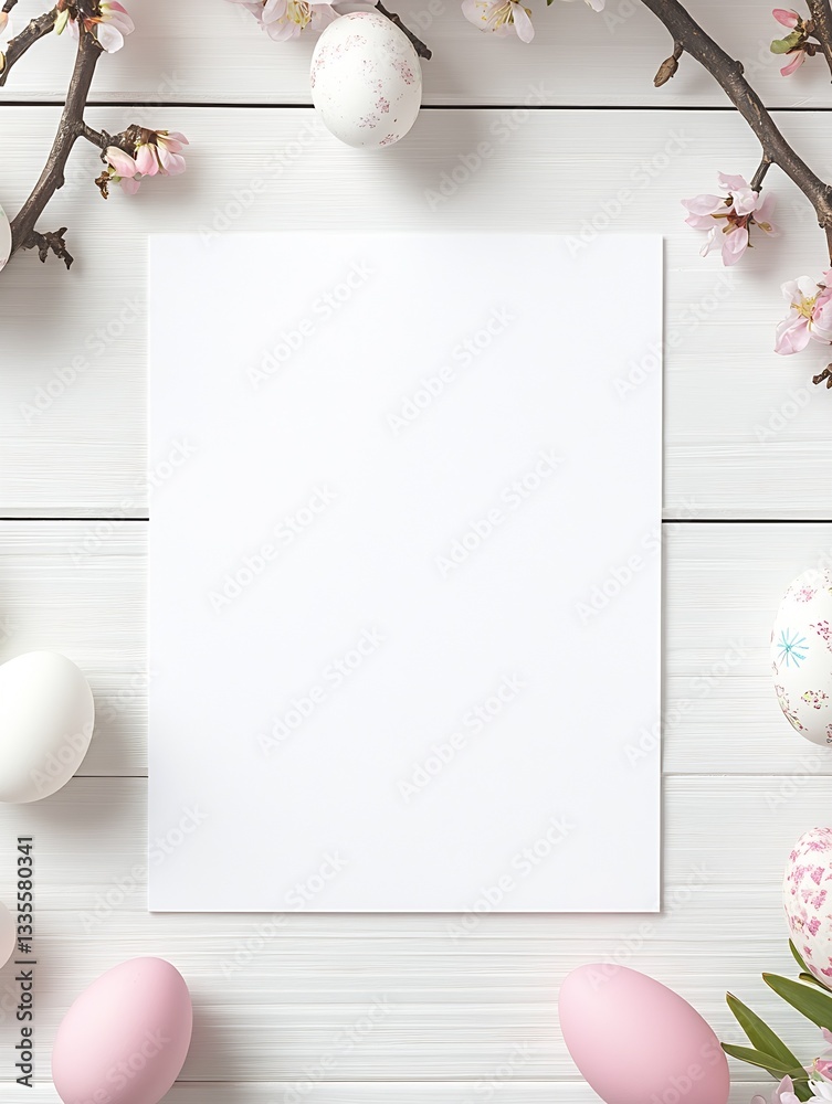 Poster elegant spring-themed setting featuring white blank paper surrounded by decorative easter eggs and b
